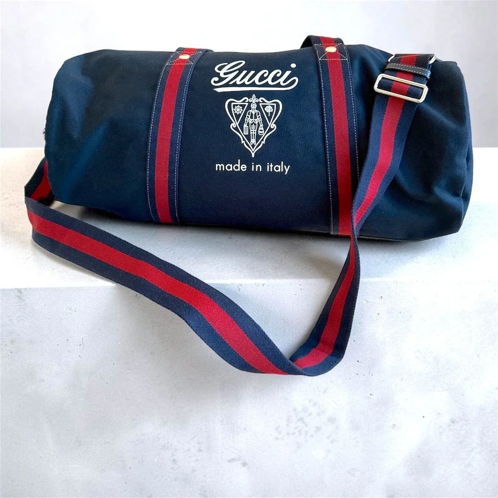 Gucci 816866 Duffle Bag Navy Canvas Red Blue Web Stripe Travel Weekend Bag